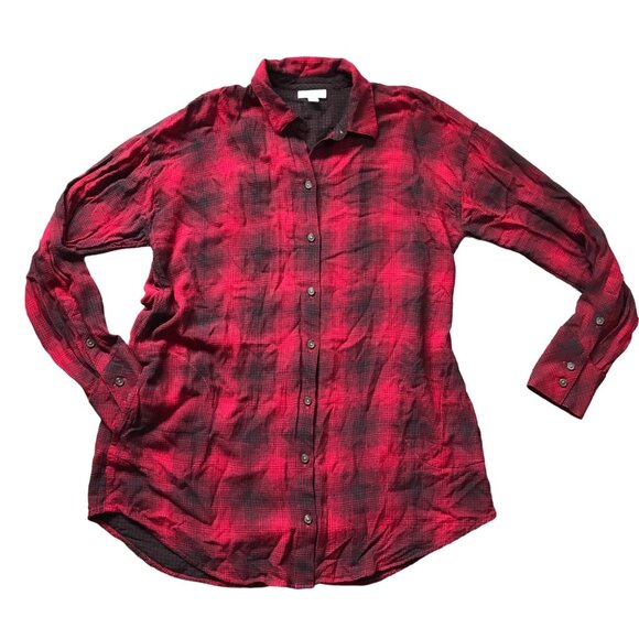 J. Jill Plaid Button Up Tunic Top Women's Small TALL Red‎ Black Rayon Pockets - Picture 1 of 11